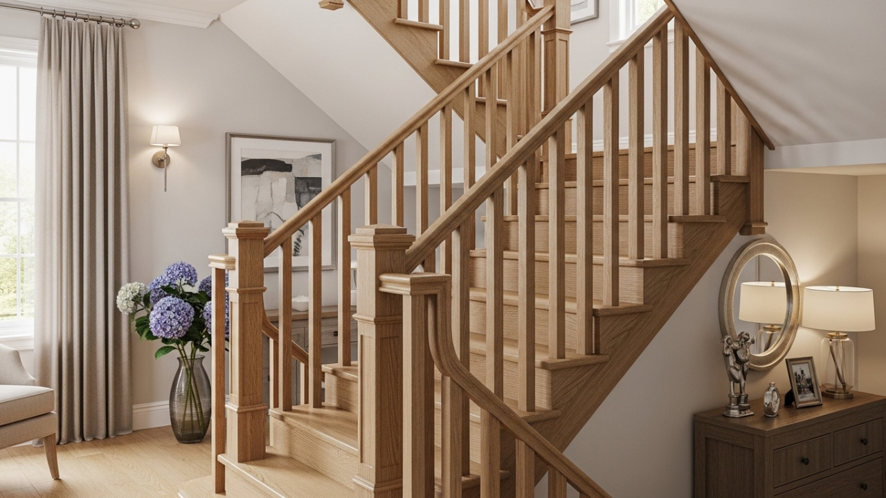 :staircase with wooden railing
